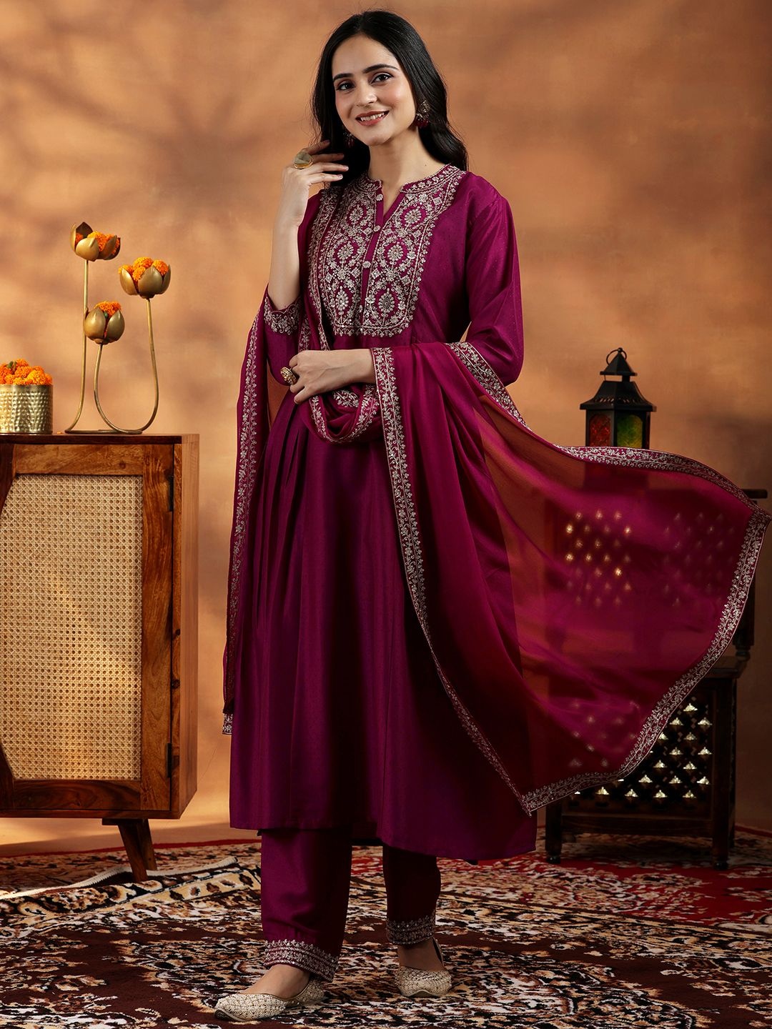 

Libas Women Floral Yoke Design Panelled Kurta with Palazzos & With Dupatta, Maroon