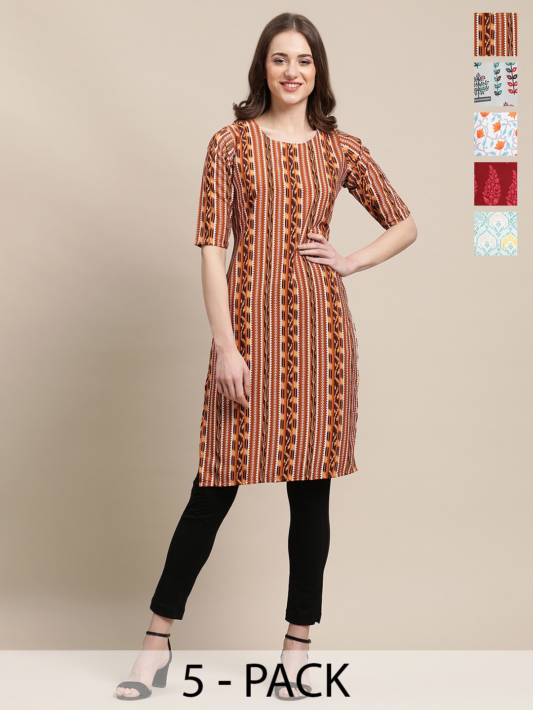 

7Threads Selection Of 5 Geometric Printed Round Neck Straight Kurtas, Brown