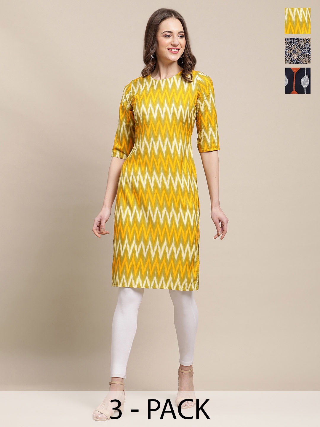 

7Threads Selection Of 3 Ethnic Motifs Printed Straight Kurtas, Yellow