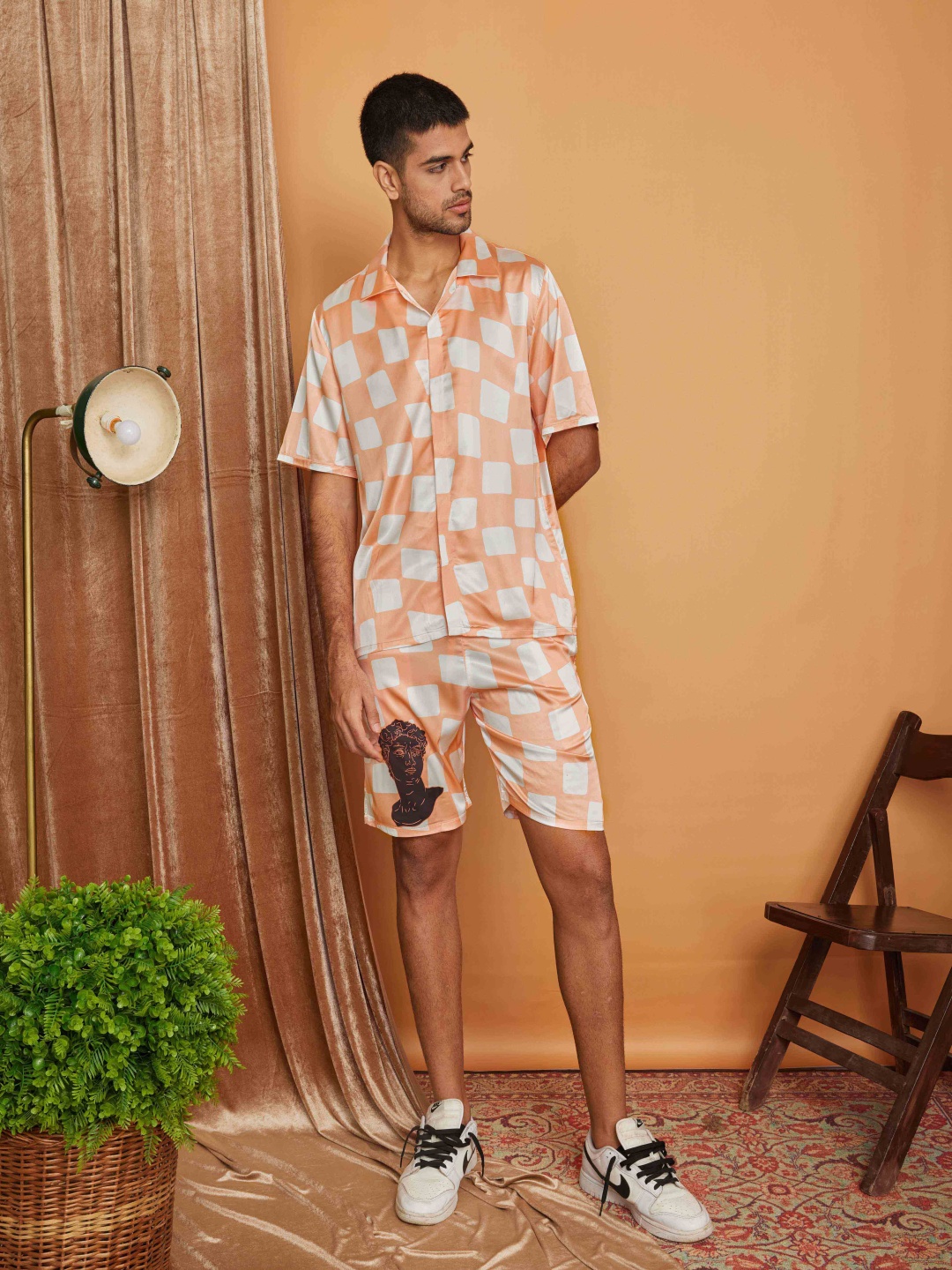 

CLUBHAVANA Checked Spread Collar Shirt With Shorts Co-Ords, Orange