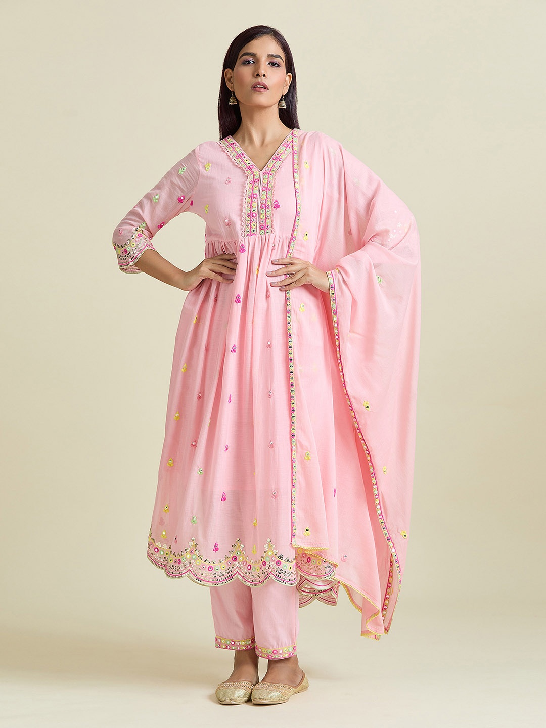 

Samyukta Singhania Women Ethnic Motifs Embroidered Empire Mirror Work Pure Cotton Kurta with Trousers & With, Peach