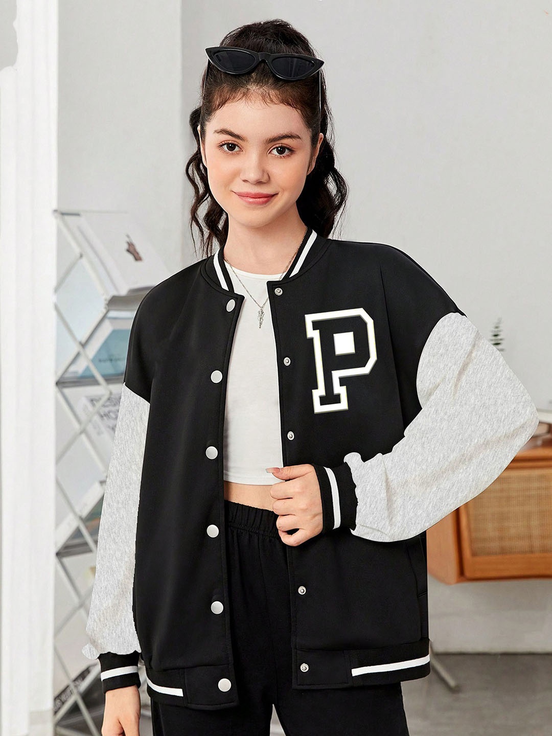 

MODARUE Girls Stand Collar Typography Printed Fleece Casual Varsity Jacket, Black