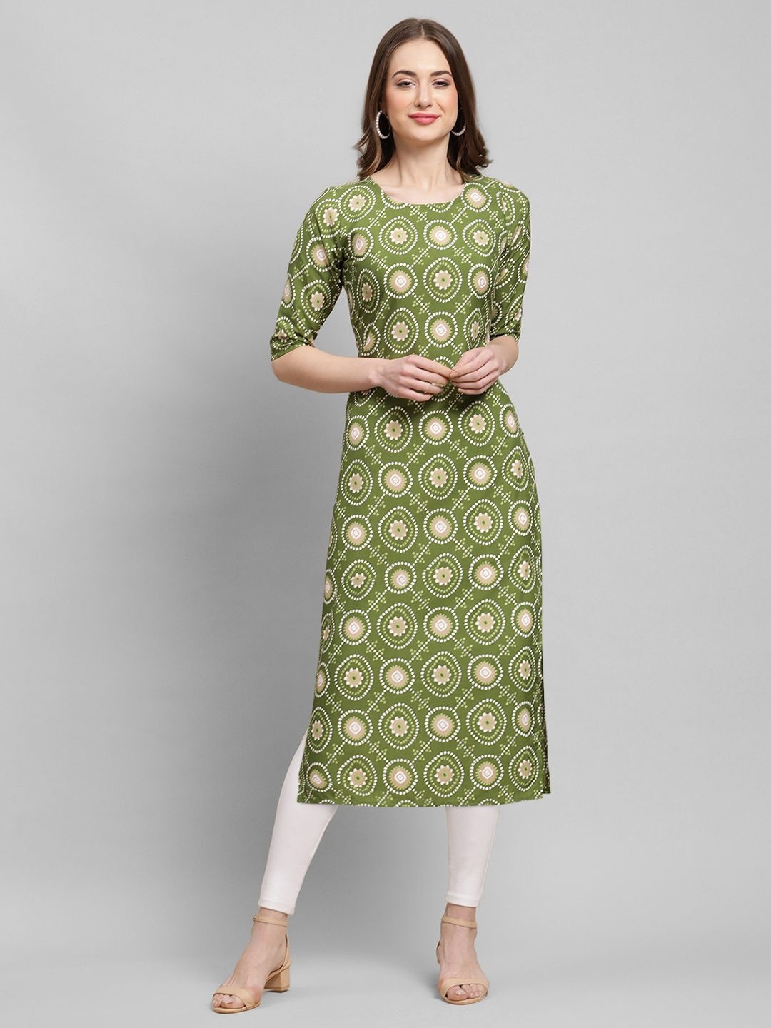 

7Threads Women Ethnic Motifs Printed Sequinned Floral Crepe Kurta, Olive