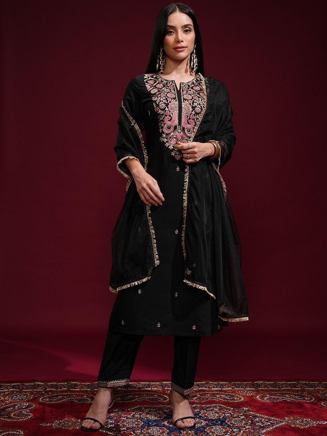 

Vishudh Women Ethnic Motifs Embroidered Regular Thread Work Kurta with Palazzos & With Dupatta, Black