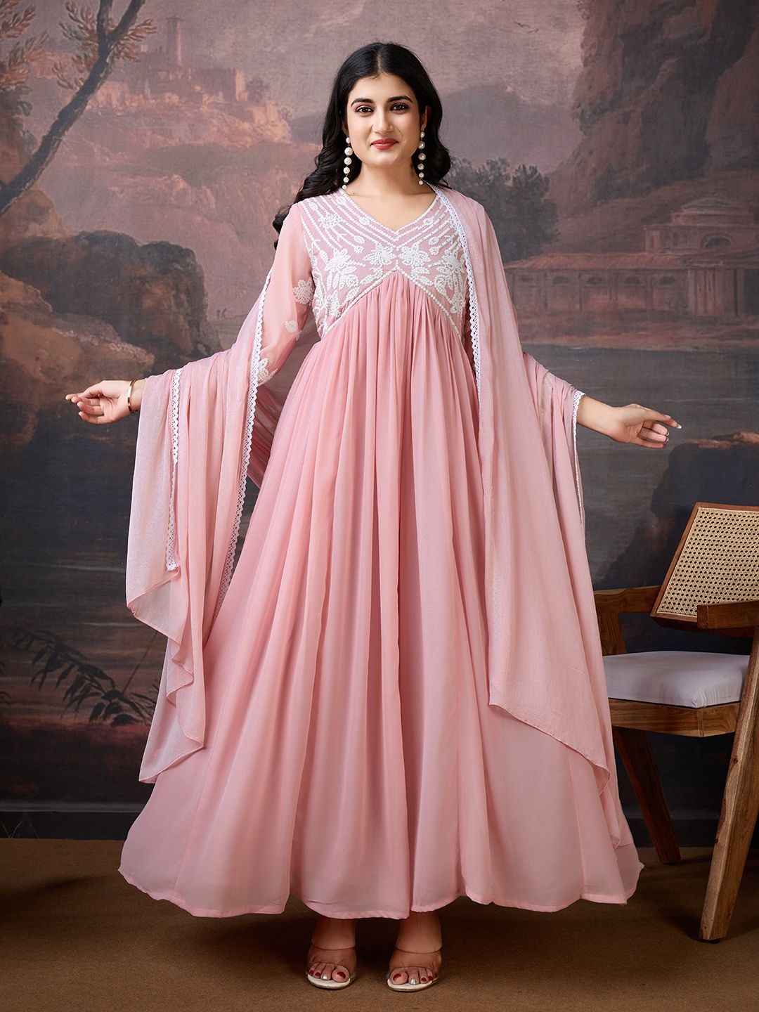 

House of Pataudi Embroidered A-Line Maxi Dress With Dupatta, Pink