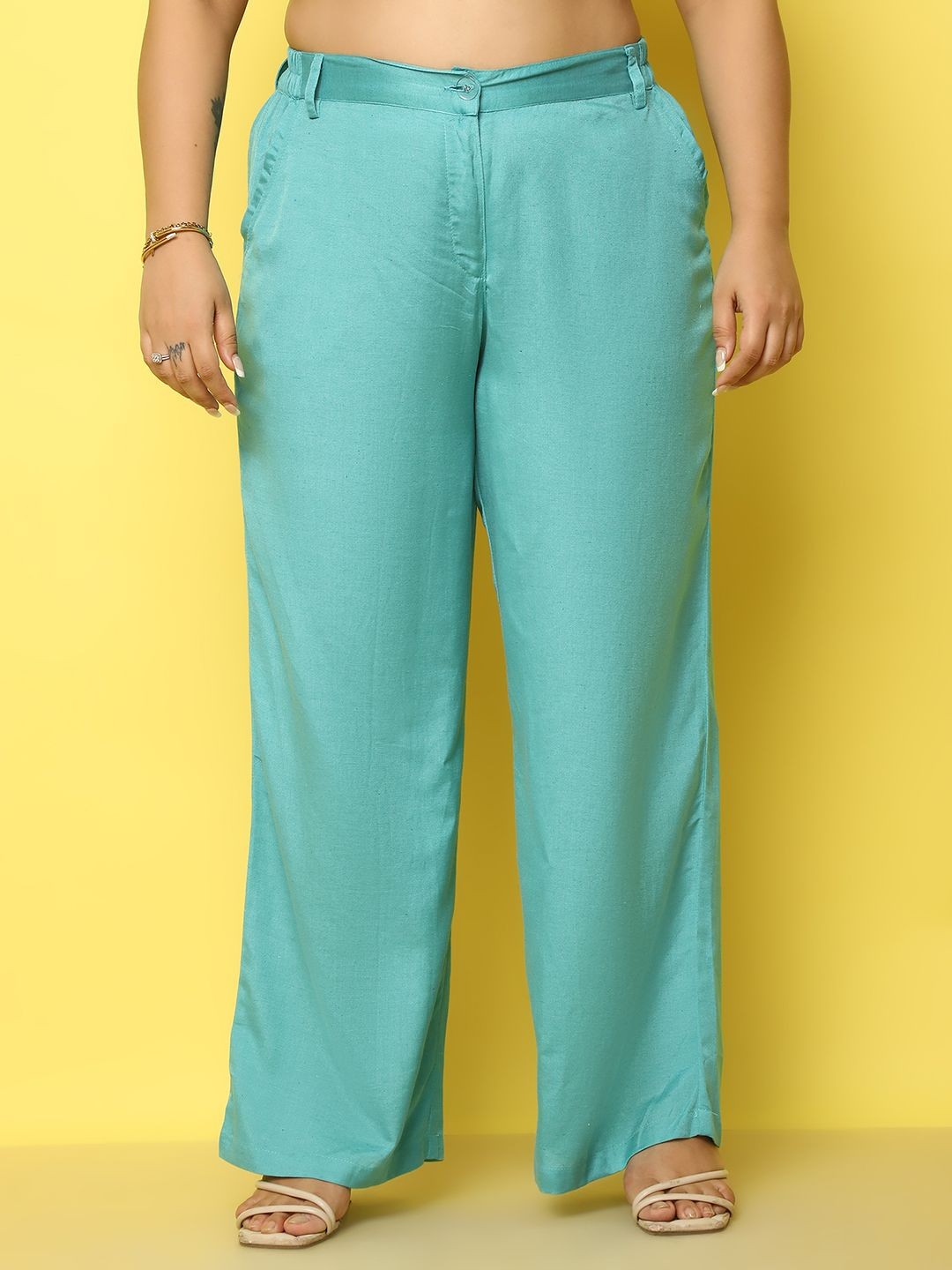 

theRebelinme Women Plus Size Relaxed High-Rise Pure Linen Trousers, Teal