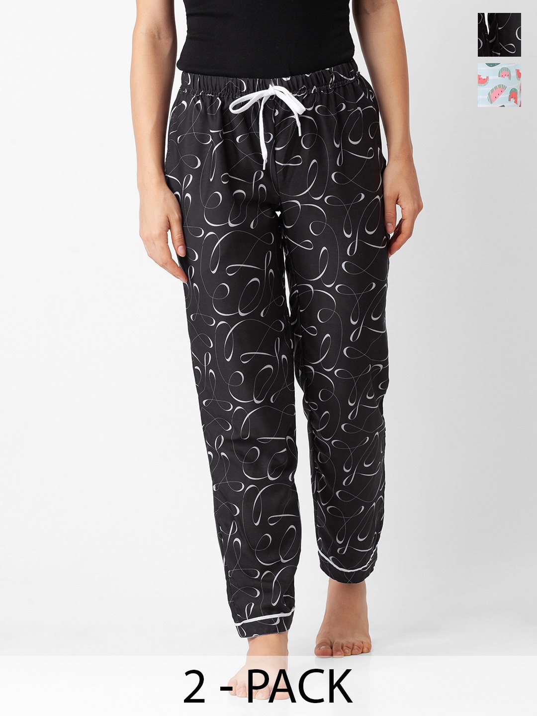 

NOIRA Women Pack of 2 Printed Mid-Rise Straight Lounge Pants, Black