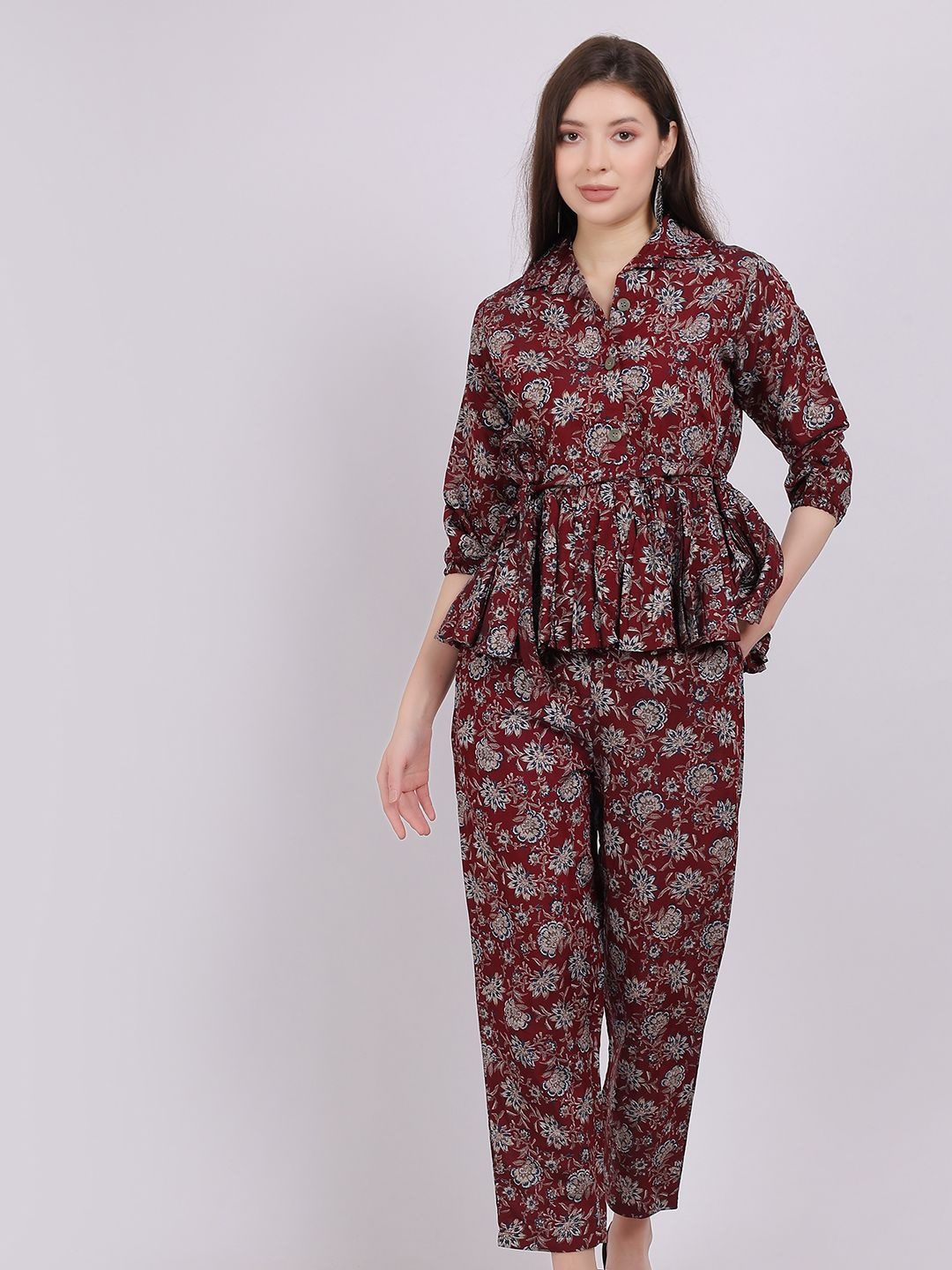 

Aumbe Floral Printed Lapel Collar Neck Top With Trousers Co-Ords, Maroon