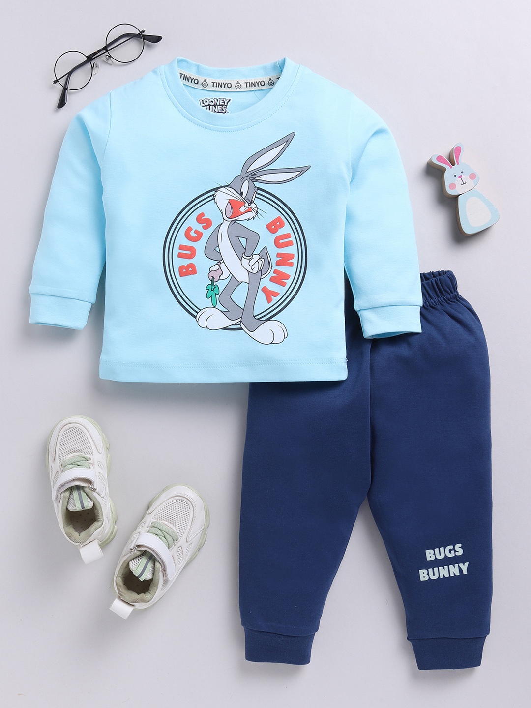 

YK X Tinyo Infant Boys Bugs Bunny Printed Pure Cotton T-shirt with Joggers, Blue