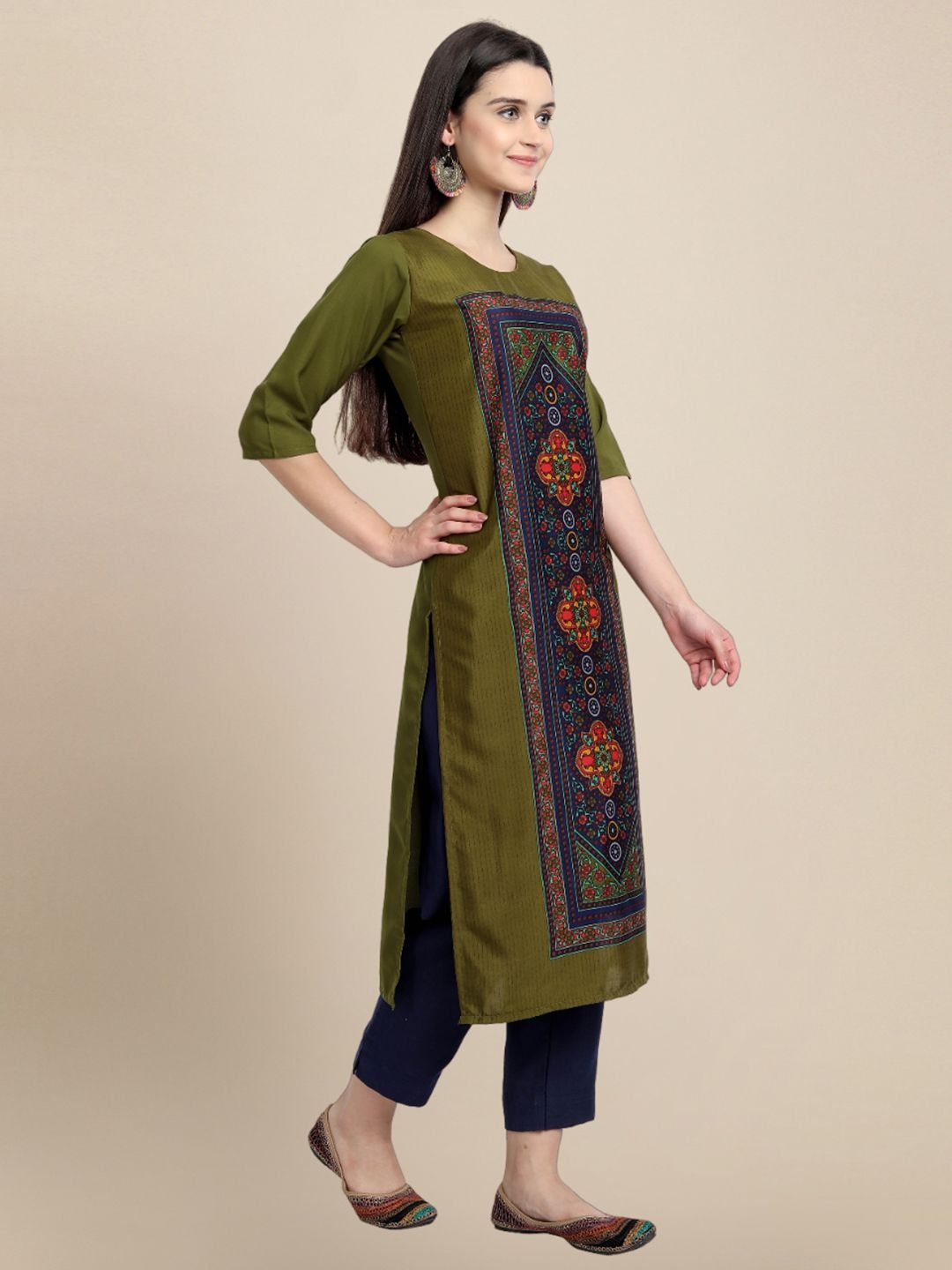 

7Threads Women Ethnic Motifs Printed Floral Crepe Kurta, Olive