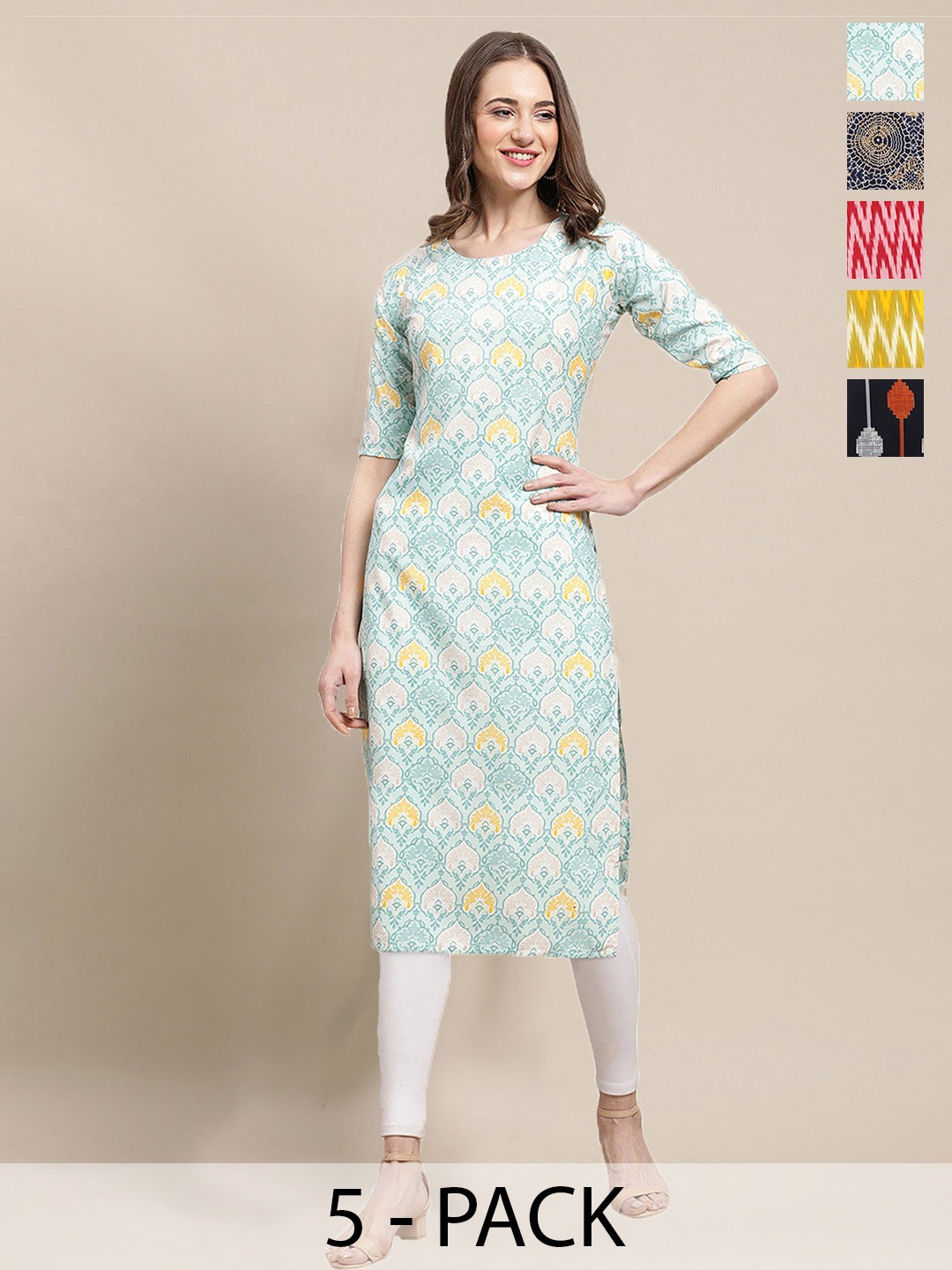 

7Threads Selection Of 5 Ethnic Motifs Printed Straight Kurtas, Blue