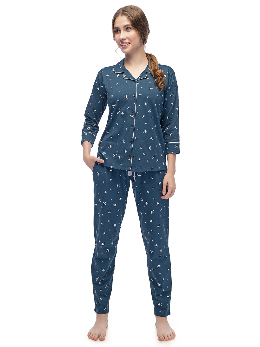 

Lotik Women Printed Lapel Collar Night suit, Teal
