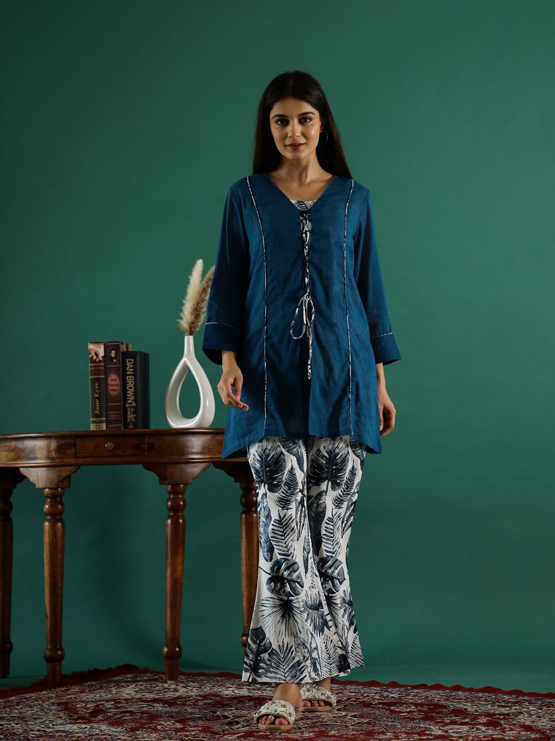 

Sangria Printed Pure Cotton Tunic & Trousers Co-Ords, Blue