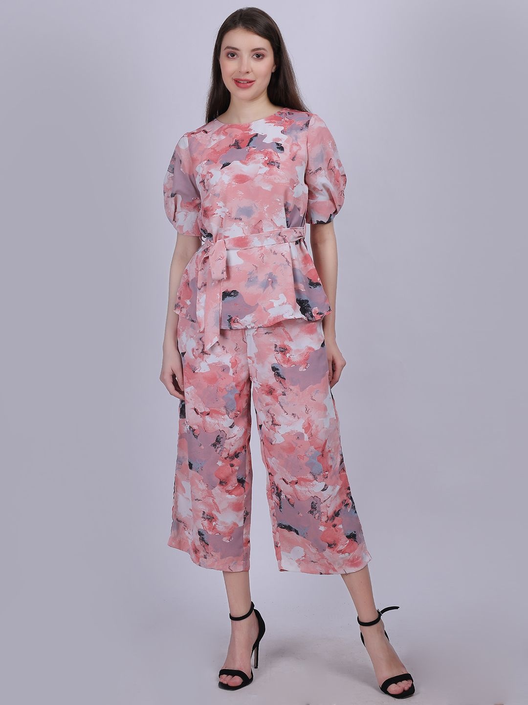 

Aumbe Abstract Printed Boat Neck Top With Trousers Co-Ords, Pink