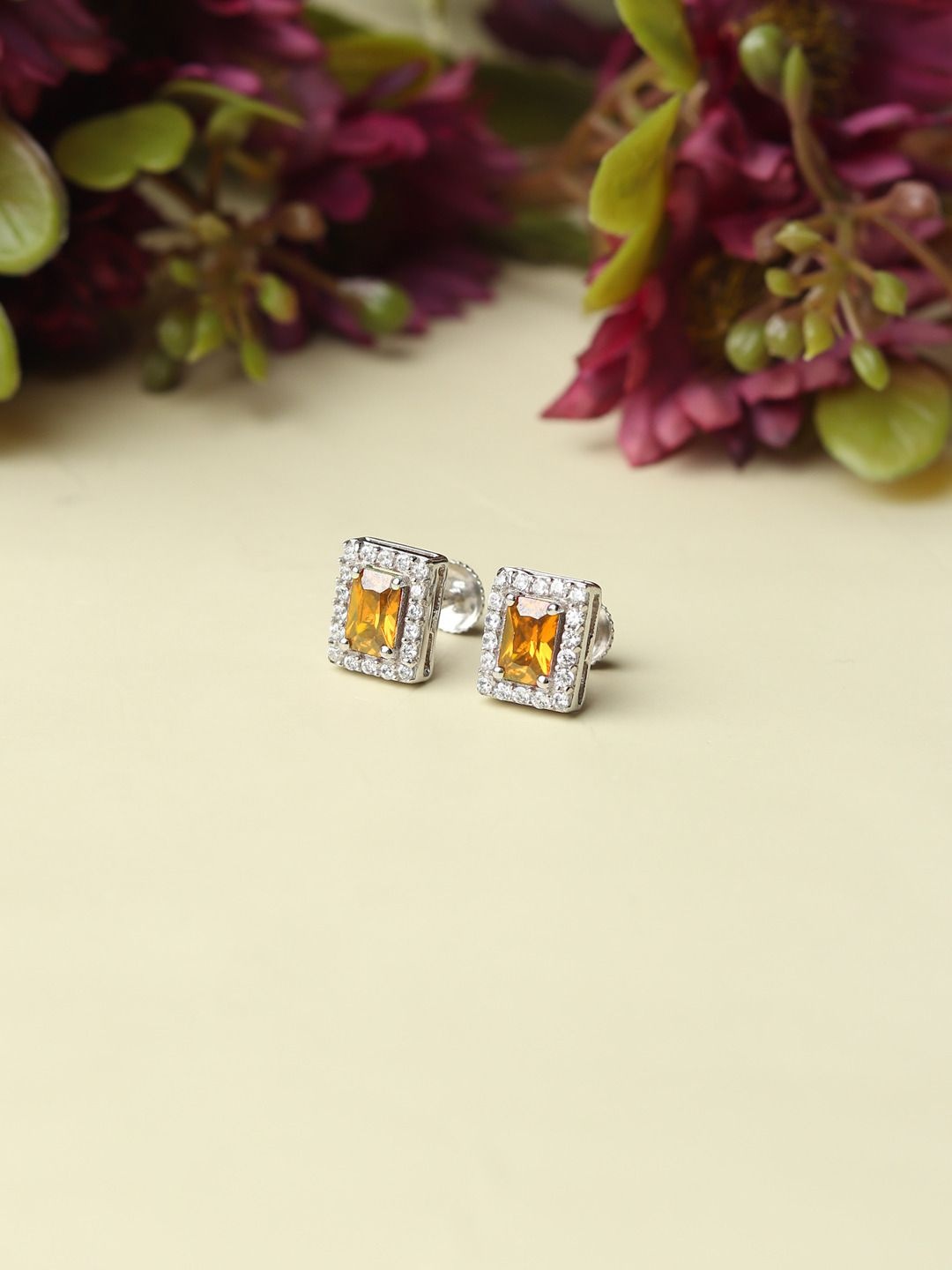 

AKSHAT SAPPHIRE 92.5 Pure Sterling Silver Rhodium-Plated CZ-Stone Studded Square Studs