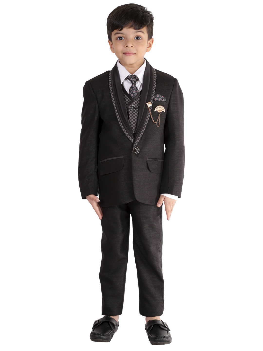 

BAESD Boys Printed Single-Breasted 5-Piece Suit, Black