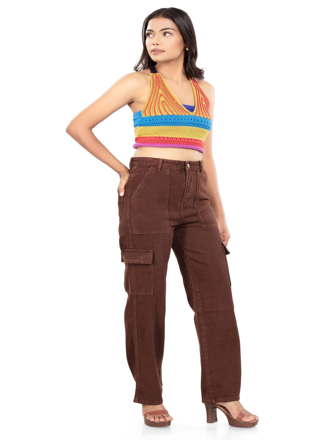 

BELLE ALLE DENIM Women Straight Fit High-Rise Cotton Cargo Styles Jeans, Brown