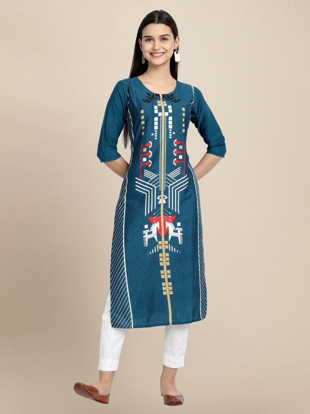 

7Threads Women Ethnic Motifs Printed Thread Work Floral Crepe Kurta, Blue