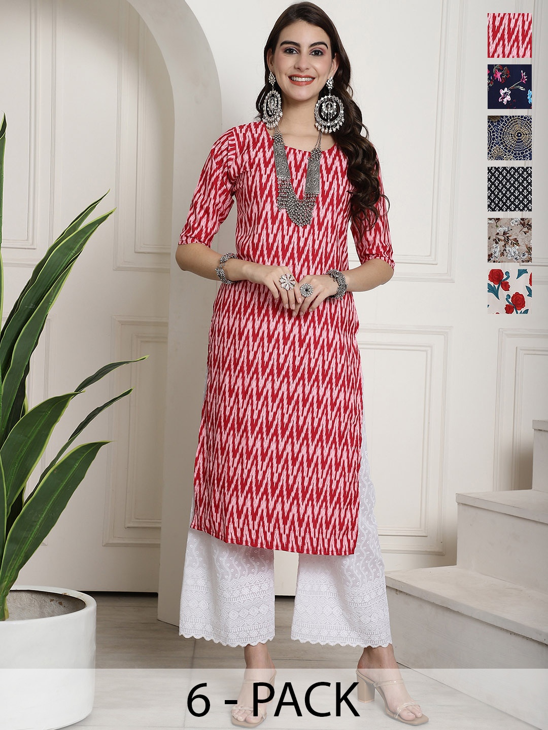 

7Threads Selection Of 6 Ethnic Motifs Printed Straight Kurtas, Red