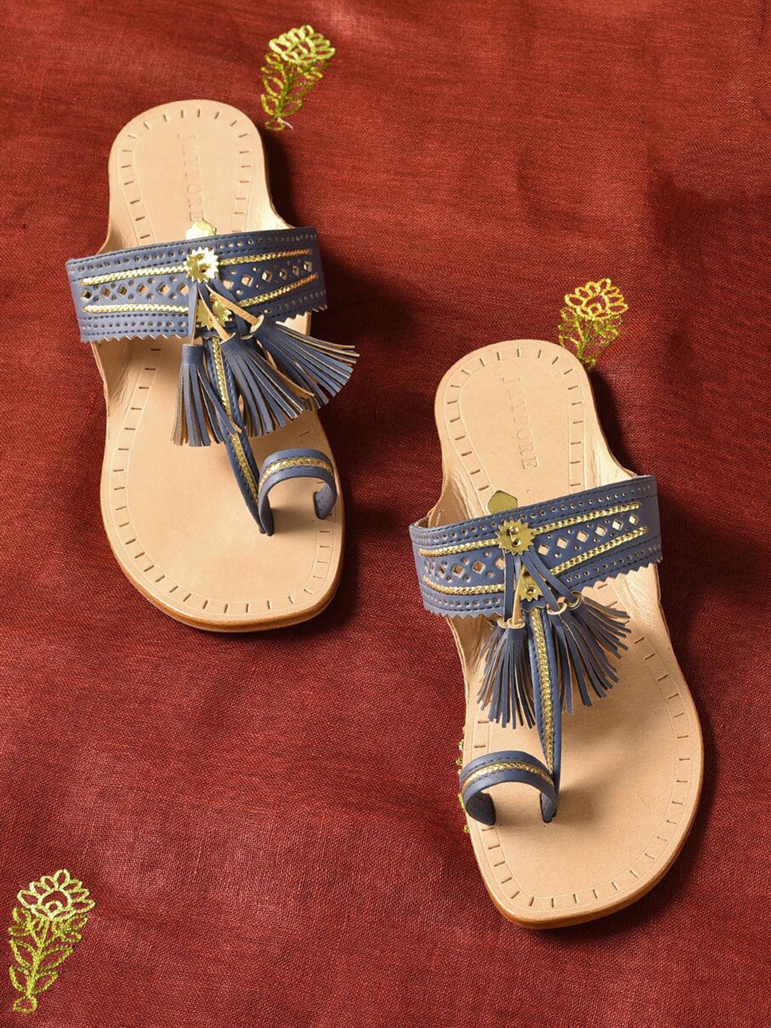 

JAYPORE Women Woven Design One Toe Flats with Tassels, Navy blue