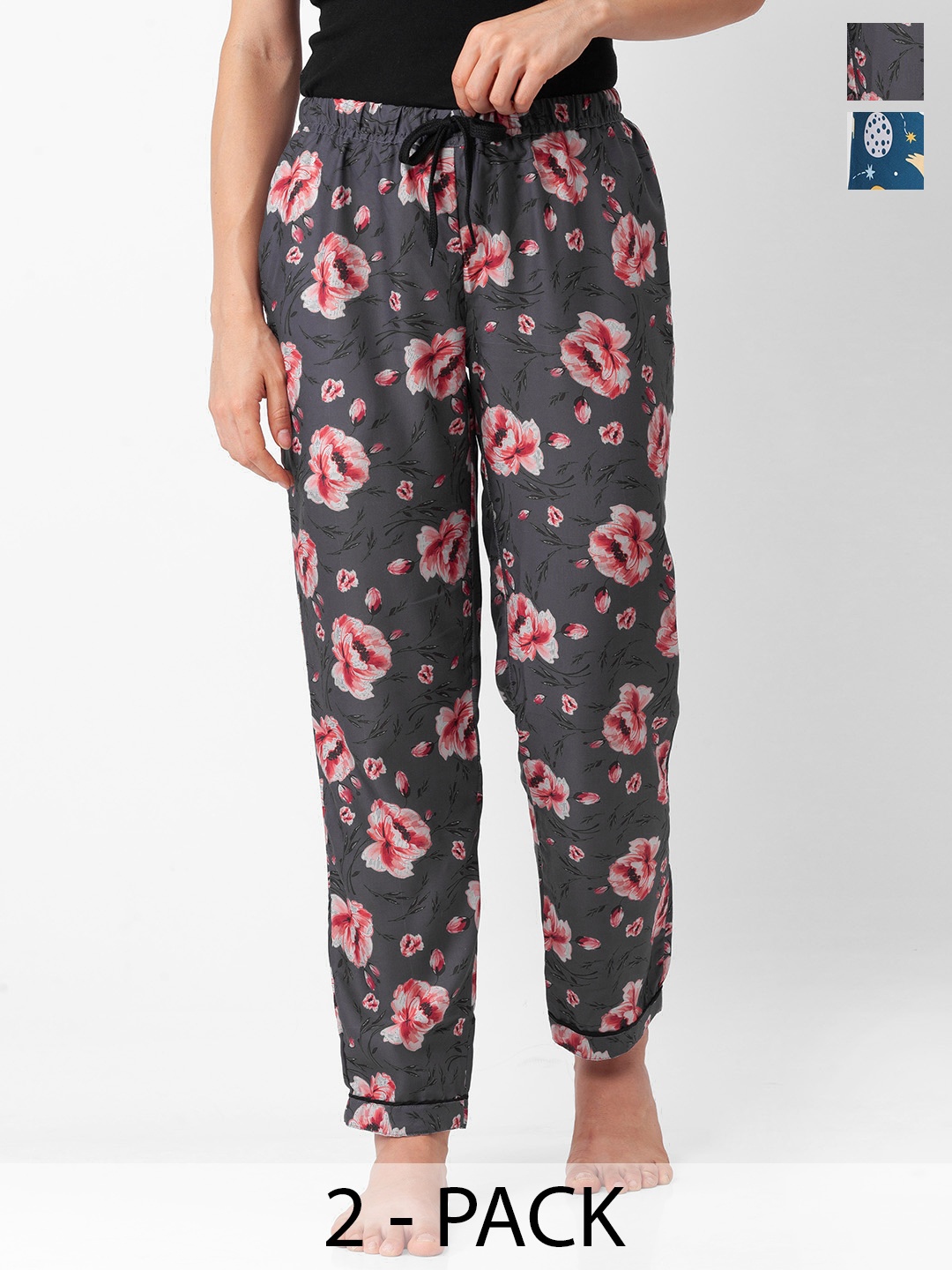 

NOIRA Women Pack Of 2 Printed Mid-Rise Lounge Pants, Grey
