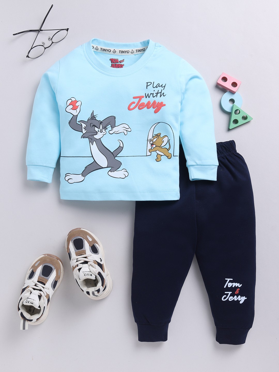 

YK X Tinyo Infant Boys Tom & Jerry Printed Pure Cotton T-shirt with Joggers, Blue