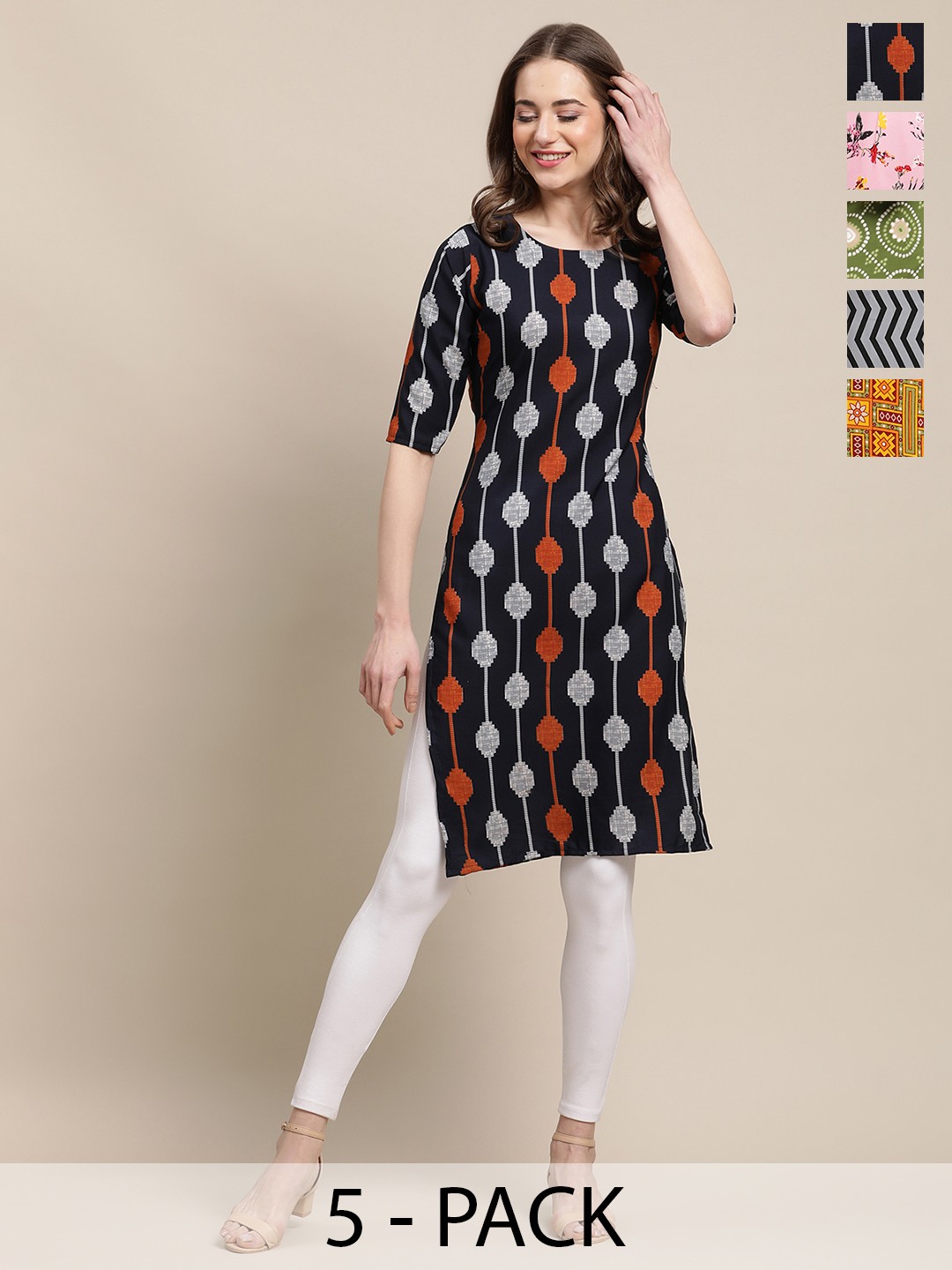 

7Threads Selection Of 5 Geometric Printed Round Neck Straight Crepe Kurtas, Black