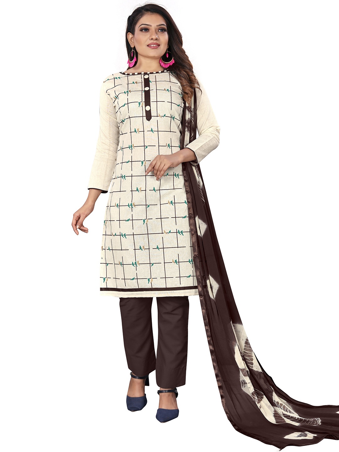 

Maroosh Checked Khadi cotton Unstitched Dress Material, White