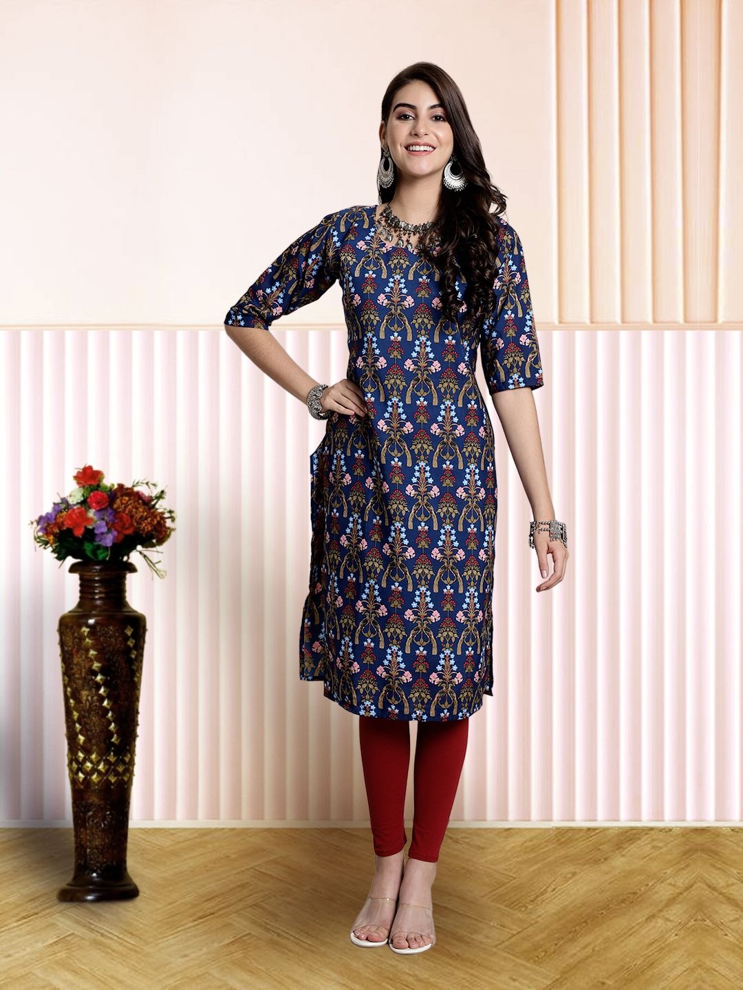 

7Threads Women Ethnic Motifs Printed Floral Crepe Kurta, Navy blue