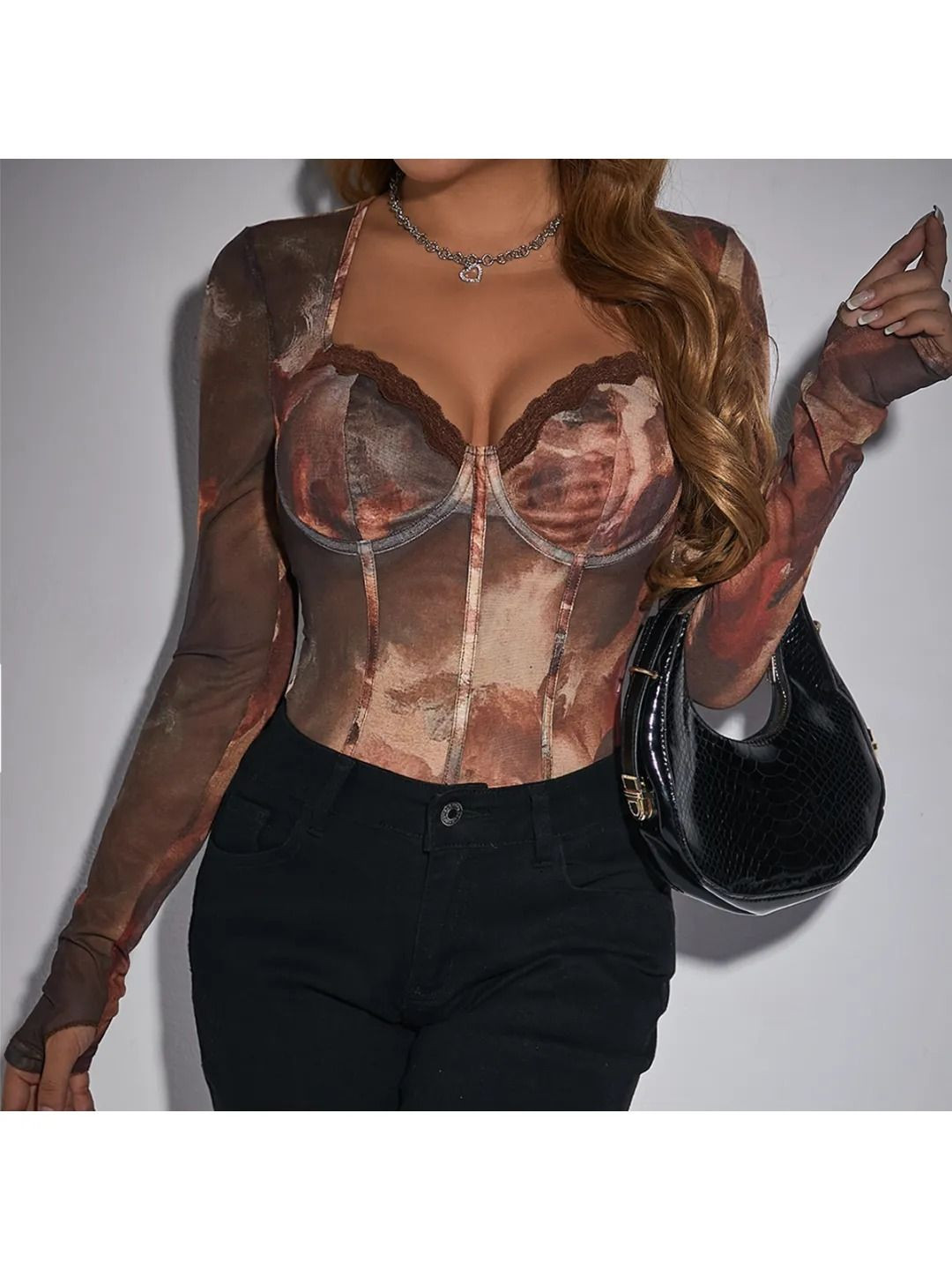 

SUPERVINTAGE Women Printed Sweetheart Neck Bodysuit, Brown