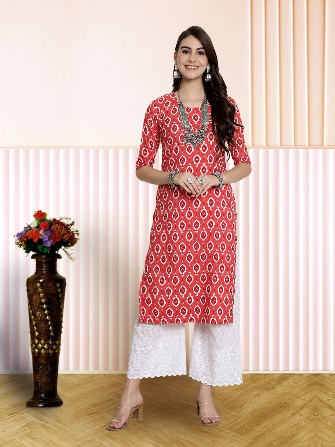

7Threads Women Ethnic Motifs Printed Floral Crepe Kurta, Pink
