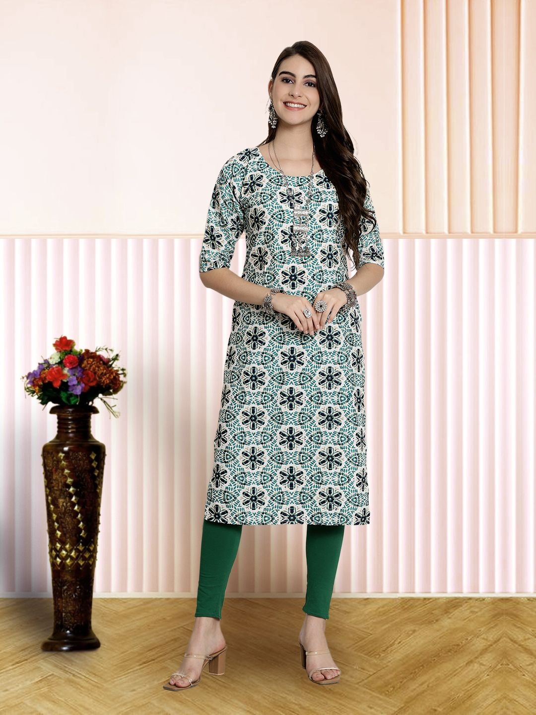 

7Threads Women Ethnic Motifs Printed Floral Crepe Kurta, Teal