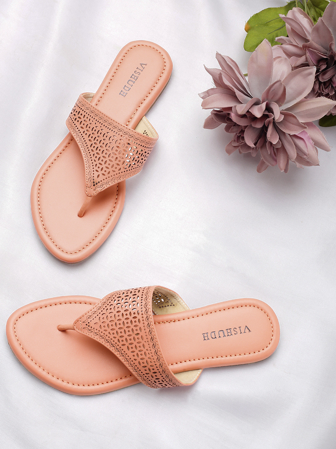 

Vishudh Women T-Strap Flats with Laser Cuts, Peach