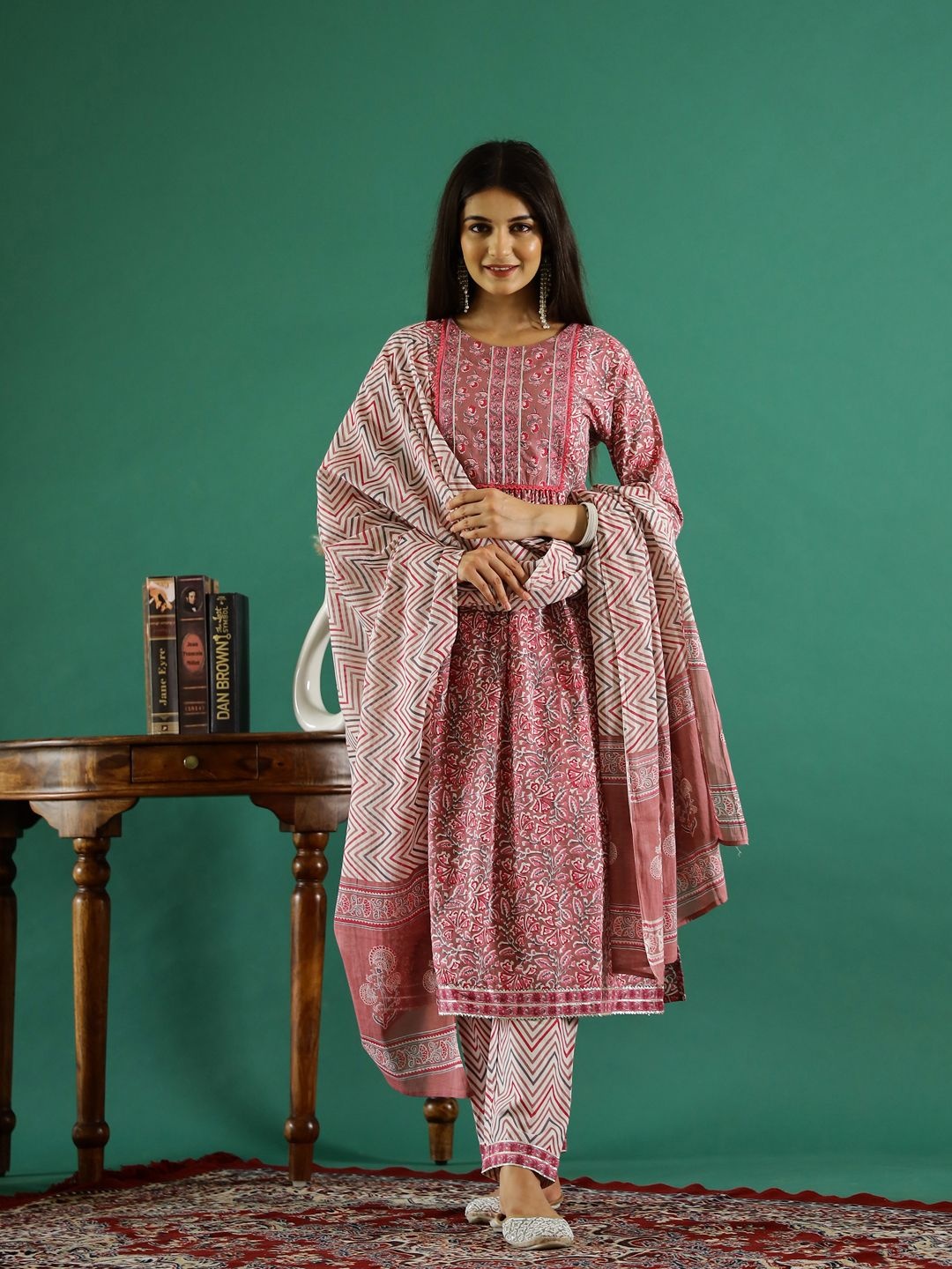 

Sangria Floral Printed Kurta With Trousers & Dupatta, Pink