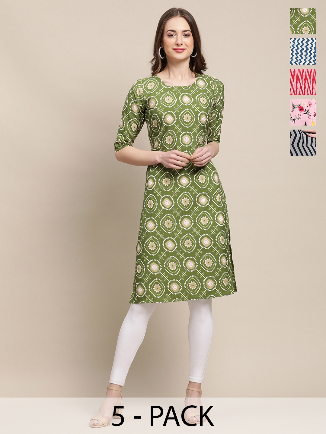 

7Threads Selection Of 5 Ethnic Motifs Printed Straight Crepe Kurta, Green