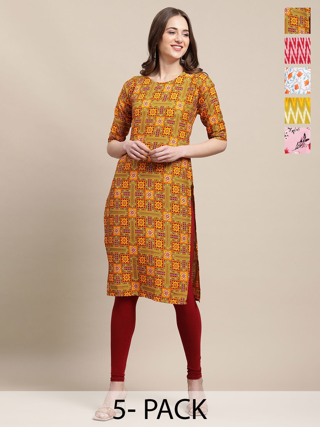 

7Threads Selection of 5 Ethnic Motifs Printed Round Neck Crepe Straight Kurtas, Yellow