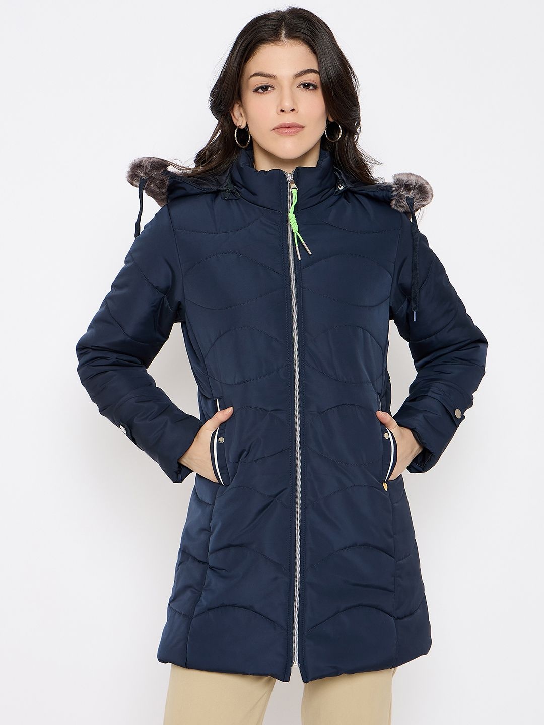 

Duke Women Solid Long Sleeves Longline Parka Jacket, Navy blue