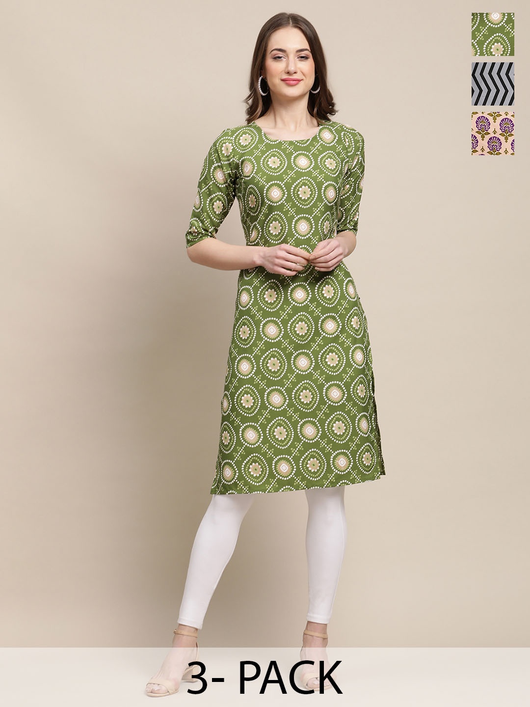 

7Threads Selection Of 3 Ethnic Motifs Printed Round Neck Straight Kurtas, Green