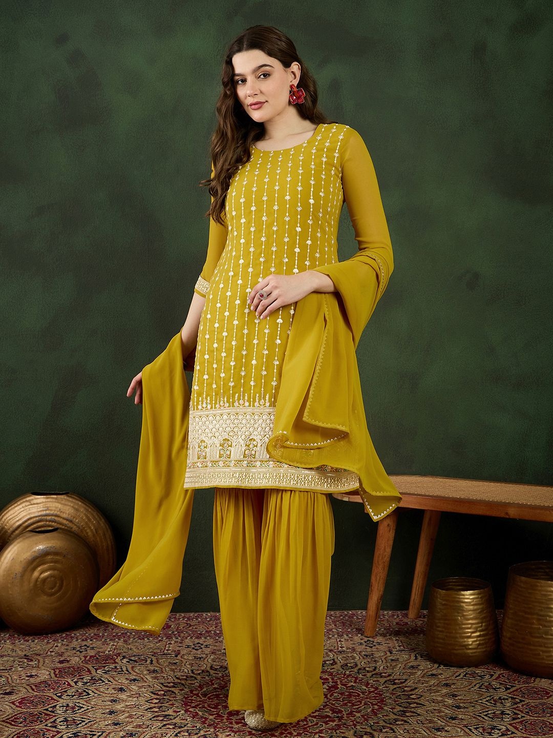 

Sangria Embroidered Kurta With Sharara & Dupatta, Yellow