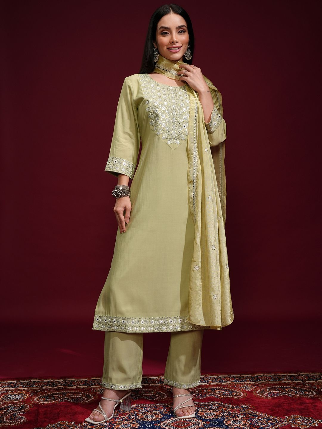 

Vishudh Women Ethnic Motifs Embroidered Regular Mirror Work Kurta with Palazzos & With Dupatta, Green