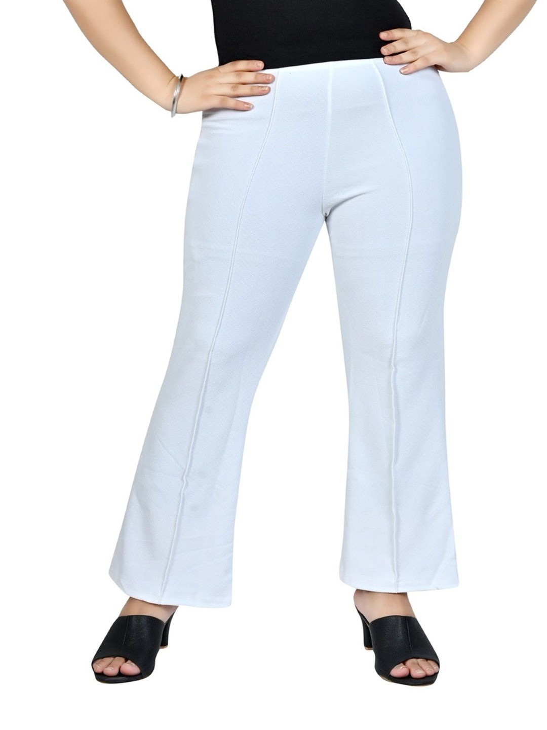 

woodzon Women Cotton Mid-Rise Flat-Front Bootcut Trousers, White