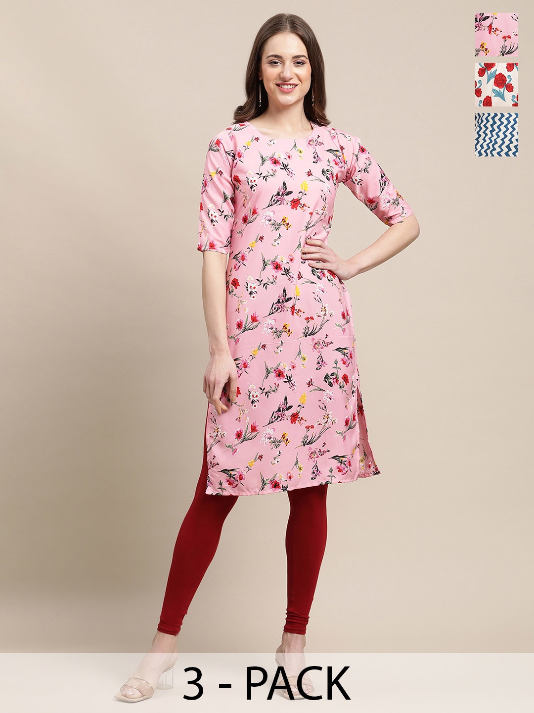 

7Threads Pack Of 3 Floral Printed Round Neck Straight Crepe Kurta, Pink