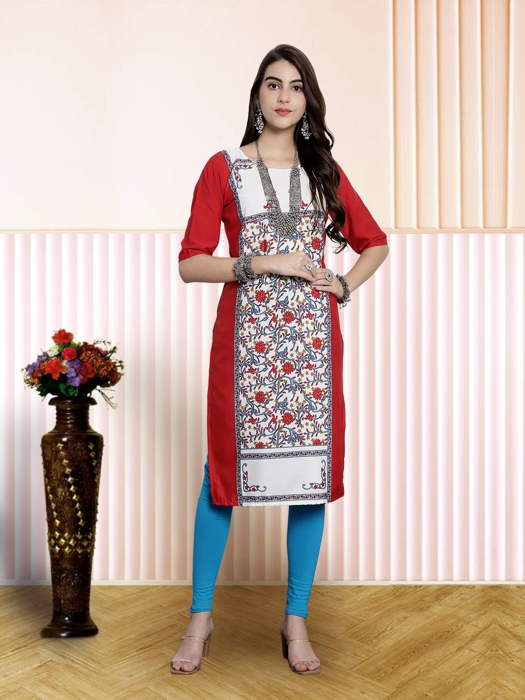 

7Threads Women Ethnic Motifs Printed Floral Crepe Kurta, Red