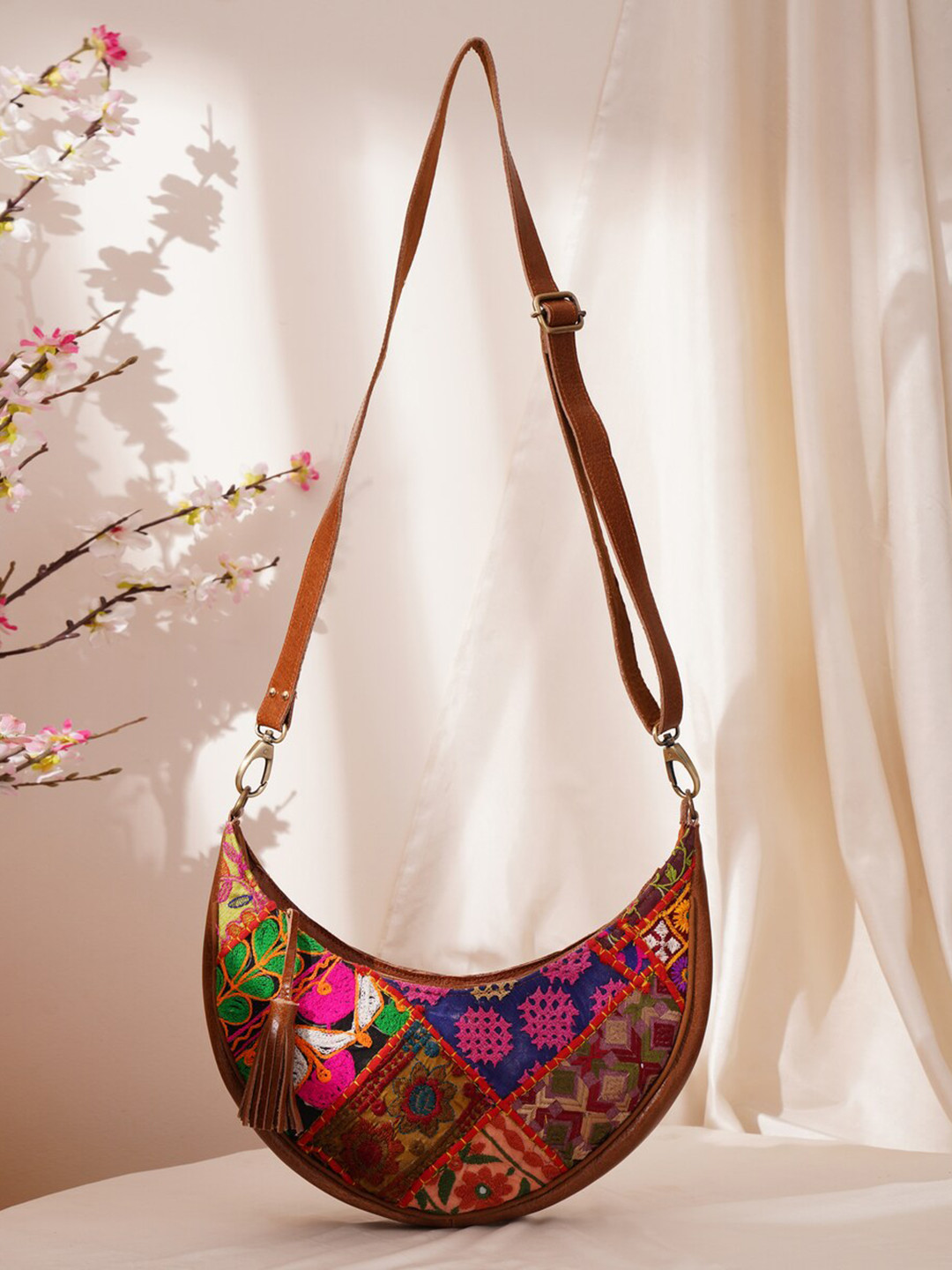 

JAYPORE Women Floral Printed Crossbody Leather Sling Bag, Brown