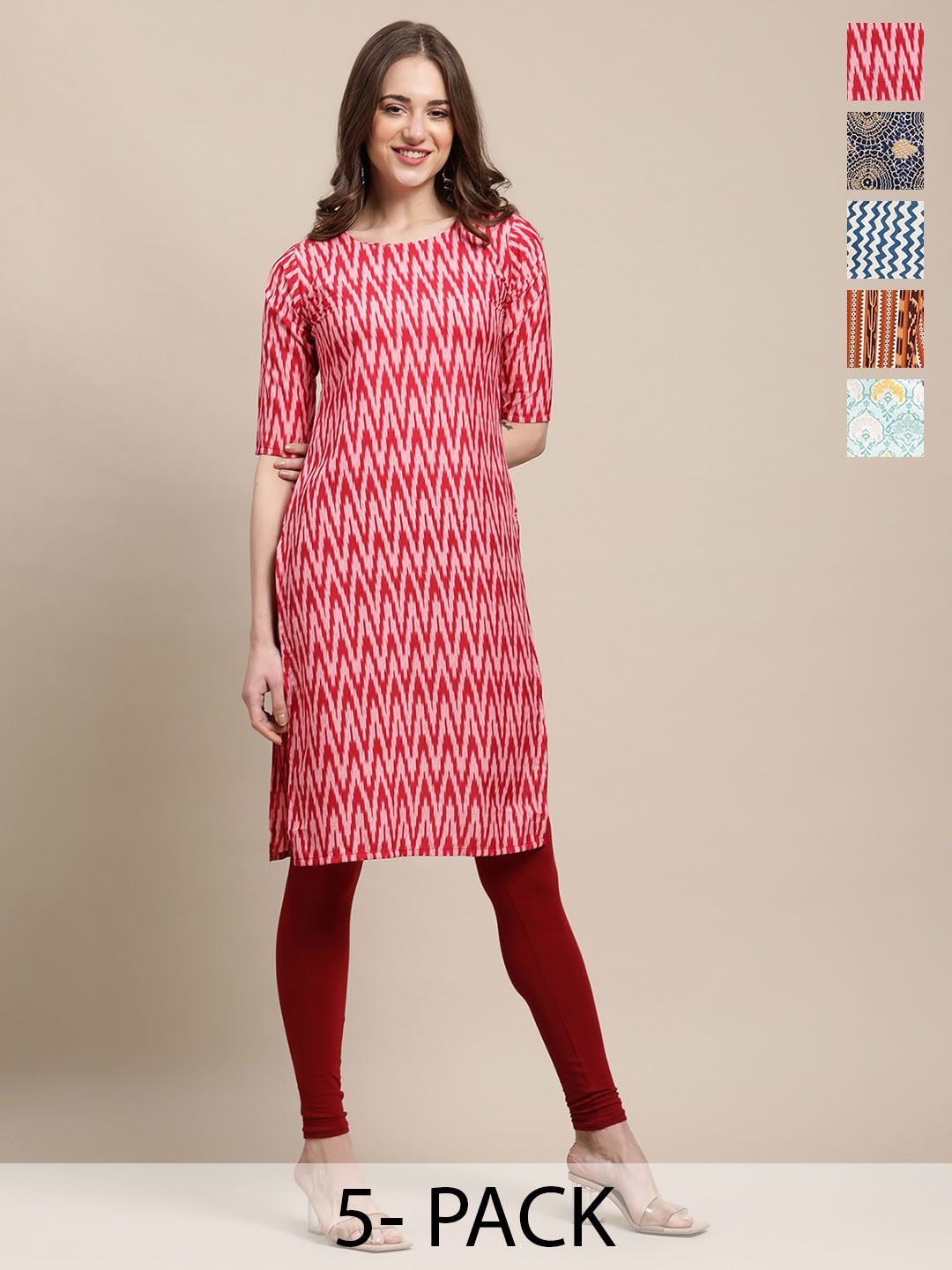 

7Threads Selection Of 5 Ethnic Motifs Printed Round Neck Straight Crepe Kurtas, Red