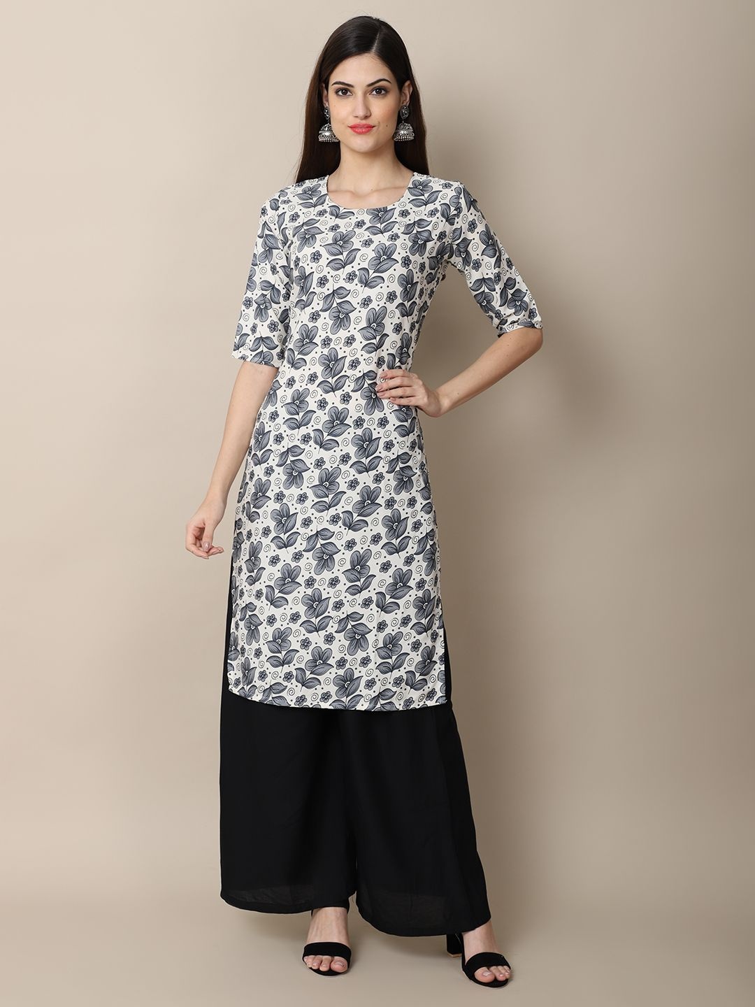 

7Threads Women Ethnic Motifs Printed Floral Crepe Kurta, Grey