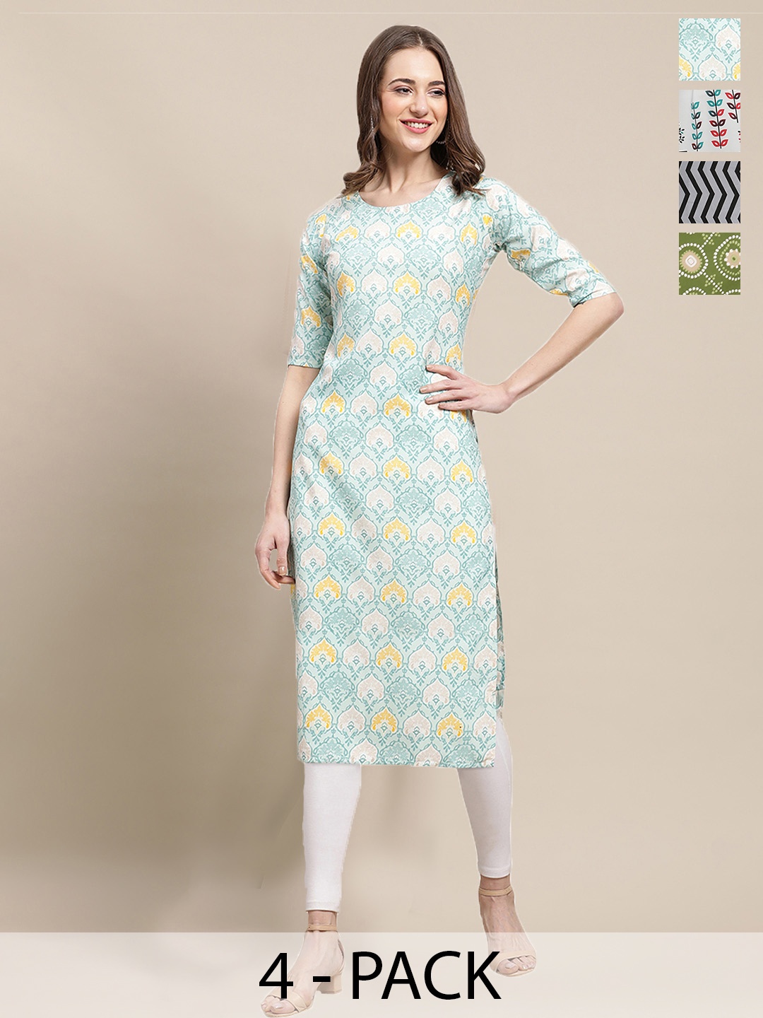 

7Threads Pack of 4 Ethnic Motifs Printed Round Neck Indie Prints Kurtas, Blue
