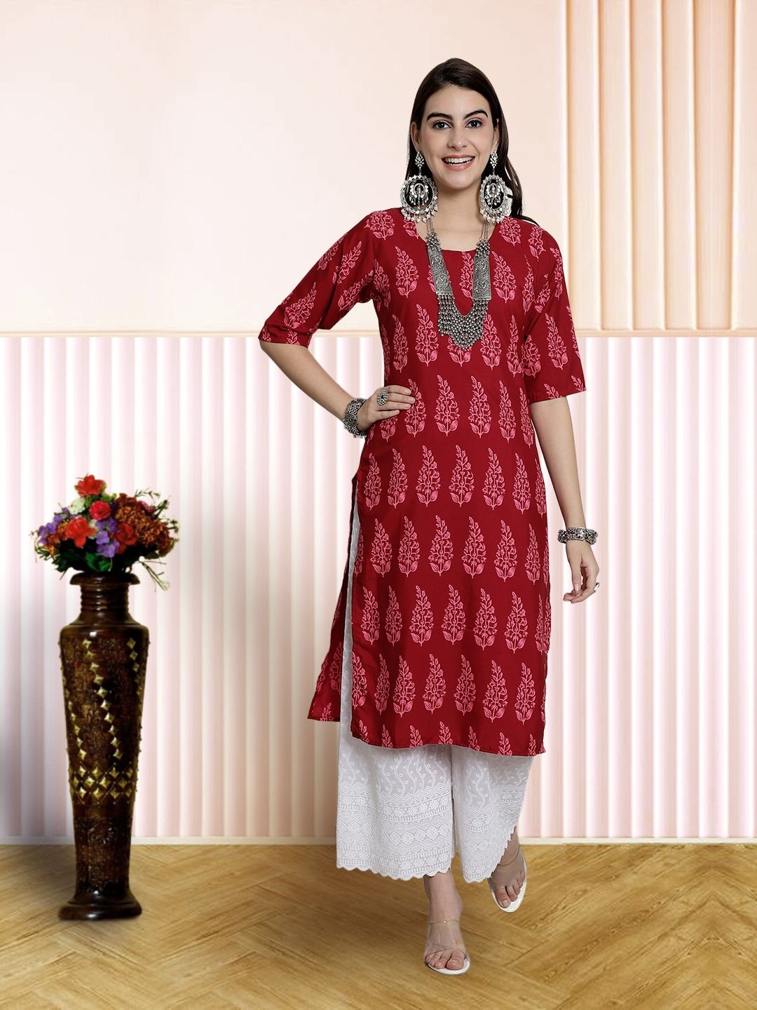 

7Threads Women Ethnic Motifs Printed Floral Crepe Kurta, Red