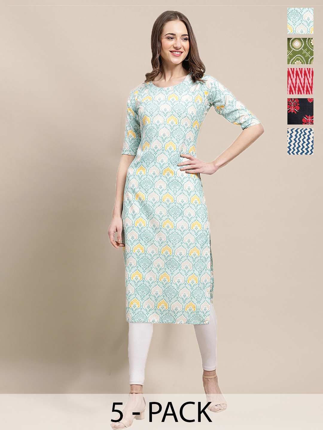 

7Threads Selection Of 5 Ethnic Motifs Printed Round Neck Regular Sleeves Straight Kurtas, Blue