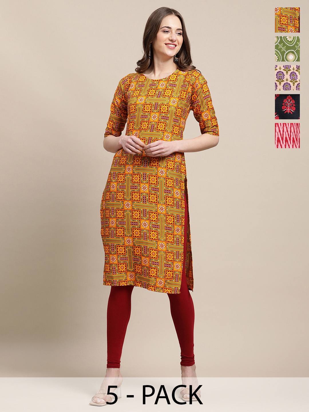 

7Threads Selection Of 5 Ethnic Printed Round Neck Kurtas, Yellow